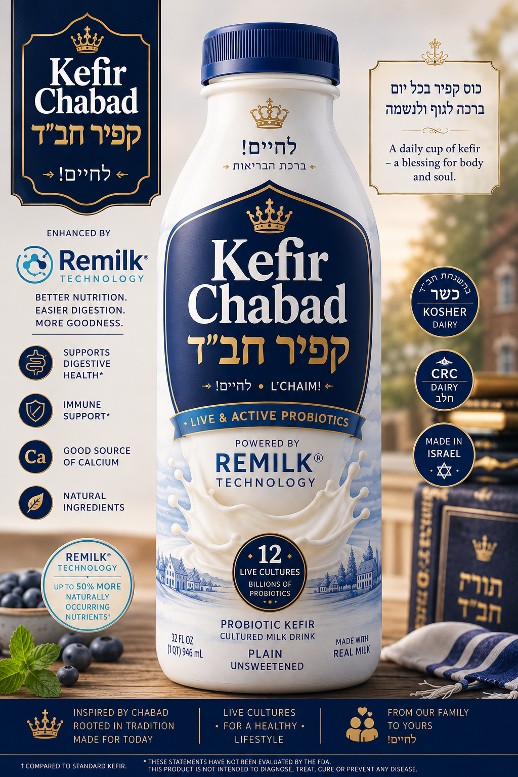 Kefir Chabad bottle with full labeling — Live & Active Probiotics, Powered by Remilk Technology, Kosher Dairy, Made in Israel